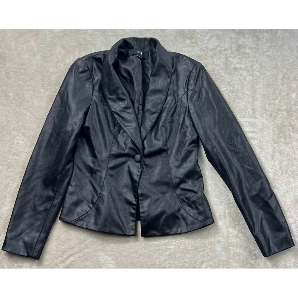 XXI Forever Black Faux Leather Single Button Blazer Jacket Sz M Shawl Lapel